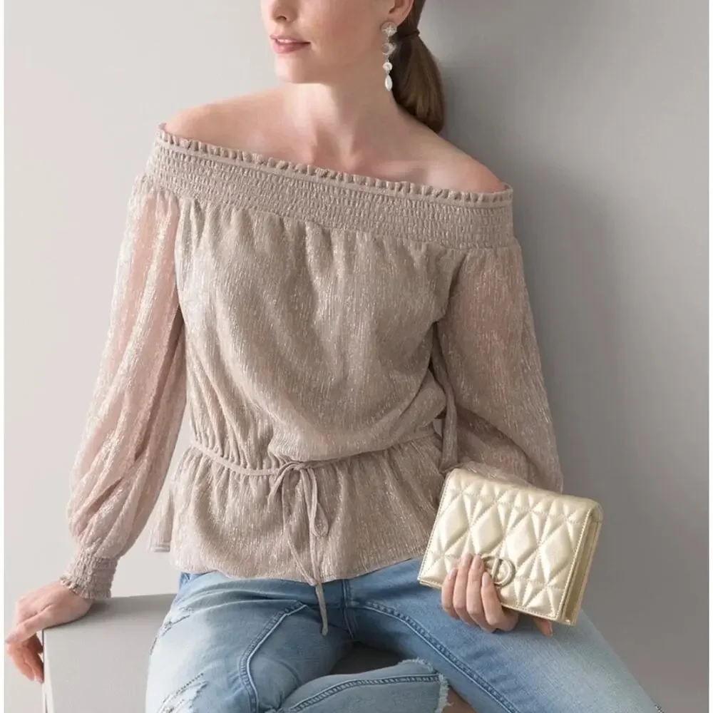 White House Black Market Off-The-Shoulder Smocked Top Pink Shimmer NWT Small